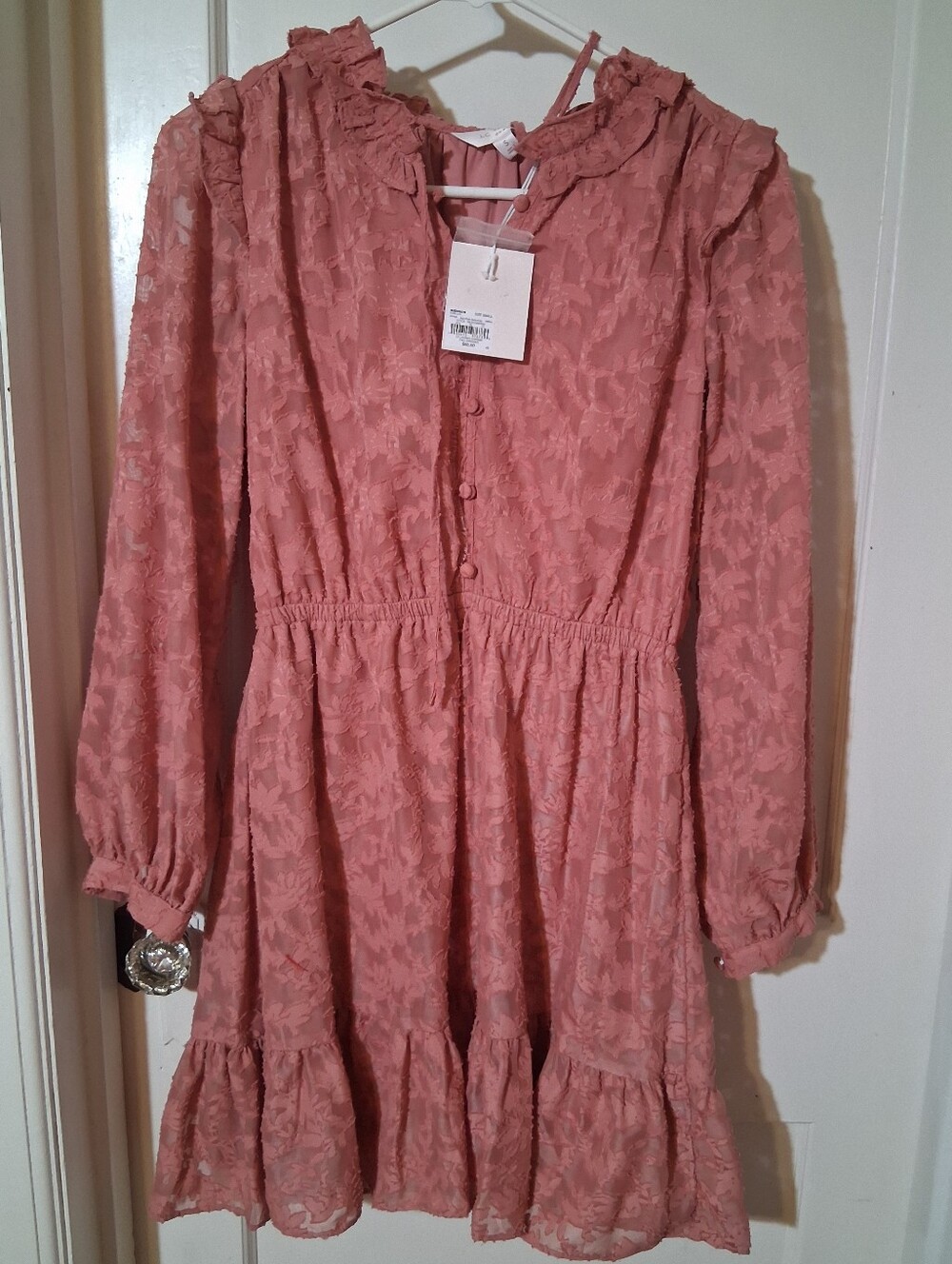 LC Lauren Conrad Pink Textured Long Sleeve Mini Dress Small Ruffle Elastic - Picture 4 of 12
